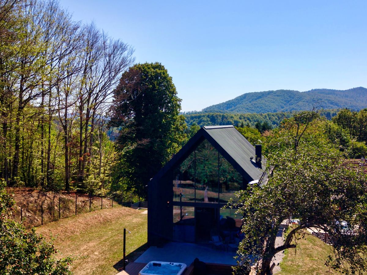 The villa hidden among the trees, the mountains behind